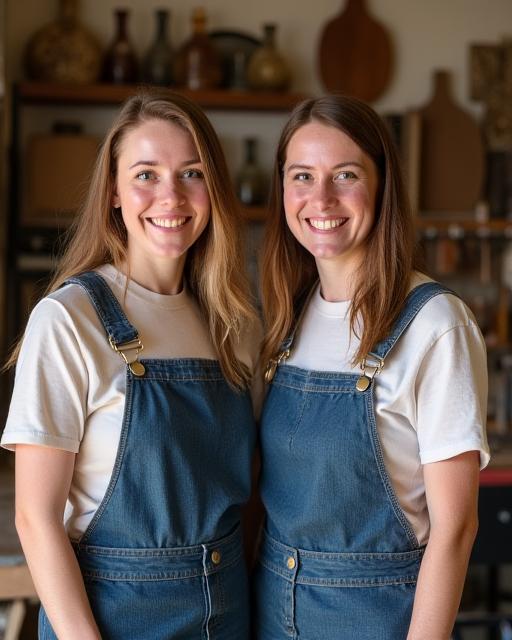 A portrait of the two founders of Ember & Stem, smiling warmly in their workshop.