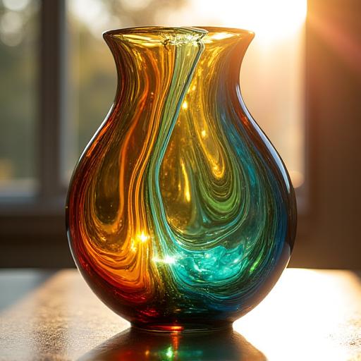 A swirling, multi-colored hand-blown glass vase catching the sunlight.