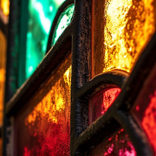 A close-up of a vibrant stained glass window with intricate lead lines.