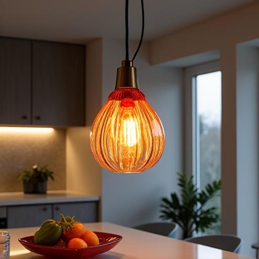 A hand-blown glass pendant light fixture hanging in a modern kitchen.