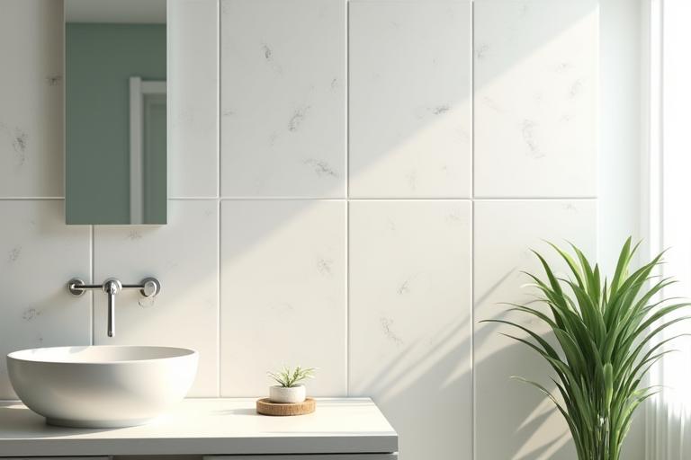 Custom-made ceramic tiles with a subtle leaf impression creating a feature wall in a bathroom.