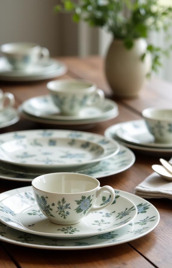 A full dinner set with a consistent floral theme displayed on a rustic wooden table.
