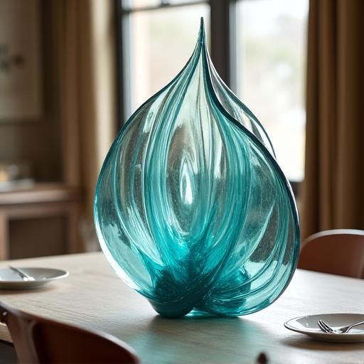 An abstract sculptural glass centerpiece on a dining room table.