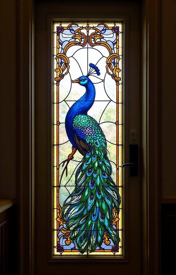 An ornate stained glass panel featuring a peacock design, installed in a front door.