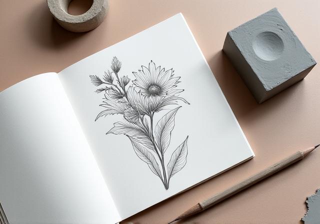 A sketchbook open to a floral design next to a block of fresh gray clay.
