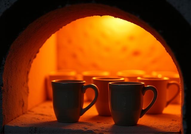 The glowing interior of a pottery kiln with finished ceramic mugs inside.