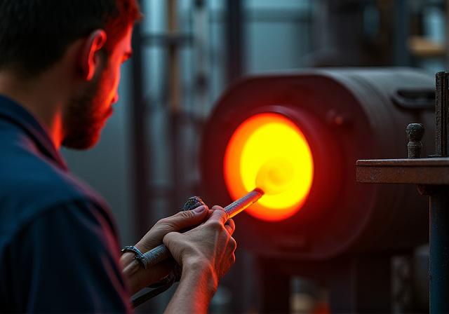 A glassblower shaping a hot, glowing orb of glass at the end of a blowpipe.