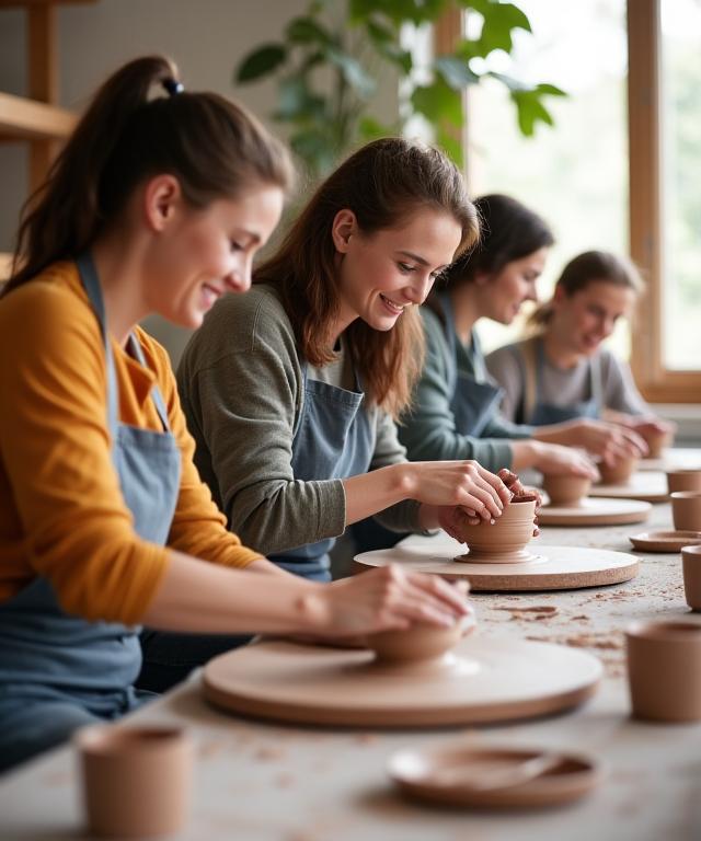 A small group of people smiling and working with clay during a pottery workshop.